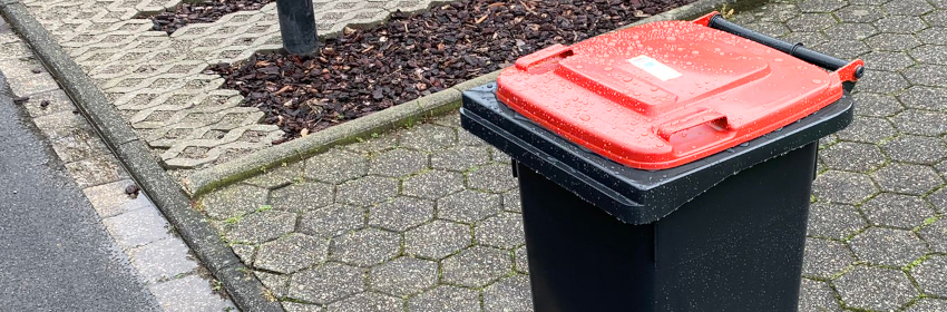 Mülltonne mit rotem Deckel steht am Straßenrand